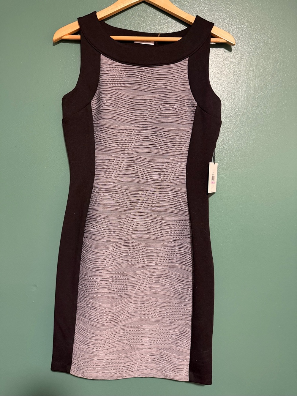 NWT Calvin Klein Black and Light Gray Textured Sheath Midi Dress